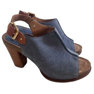 Sofft Cindra 6M Blue Brown Leather Slingback Peep Toe Platform Sandals Heels